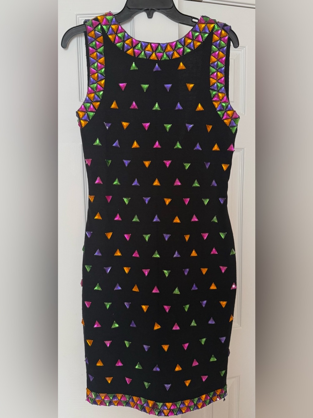 VTG Jeweled A.J. Bari Black Open Back Sleeveless Dress Multicolor Geometric